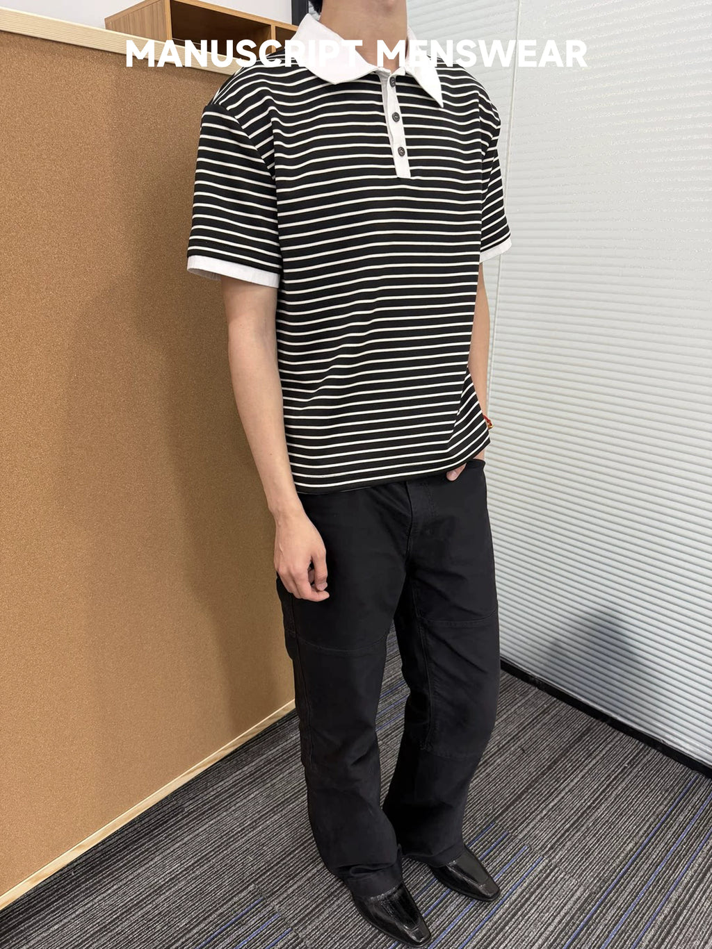 MANUSCRIPT Striped False Two-piece Front Shoulder Contrasting Tee