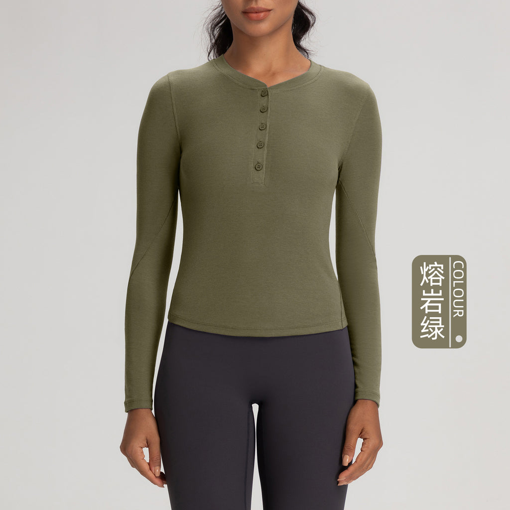 Athena Lulu Button Long Sleeve T-Shirt High Stretch Sports Henley Shirt Top