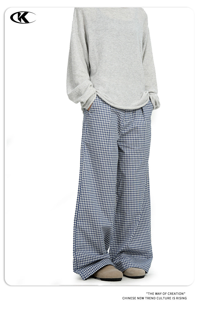 11KN Retro Pleated Plaid Versatile Straight Trousers