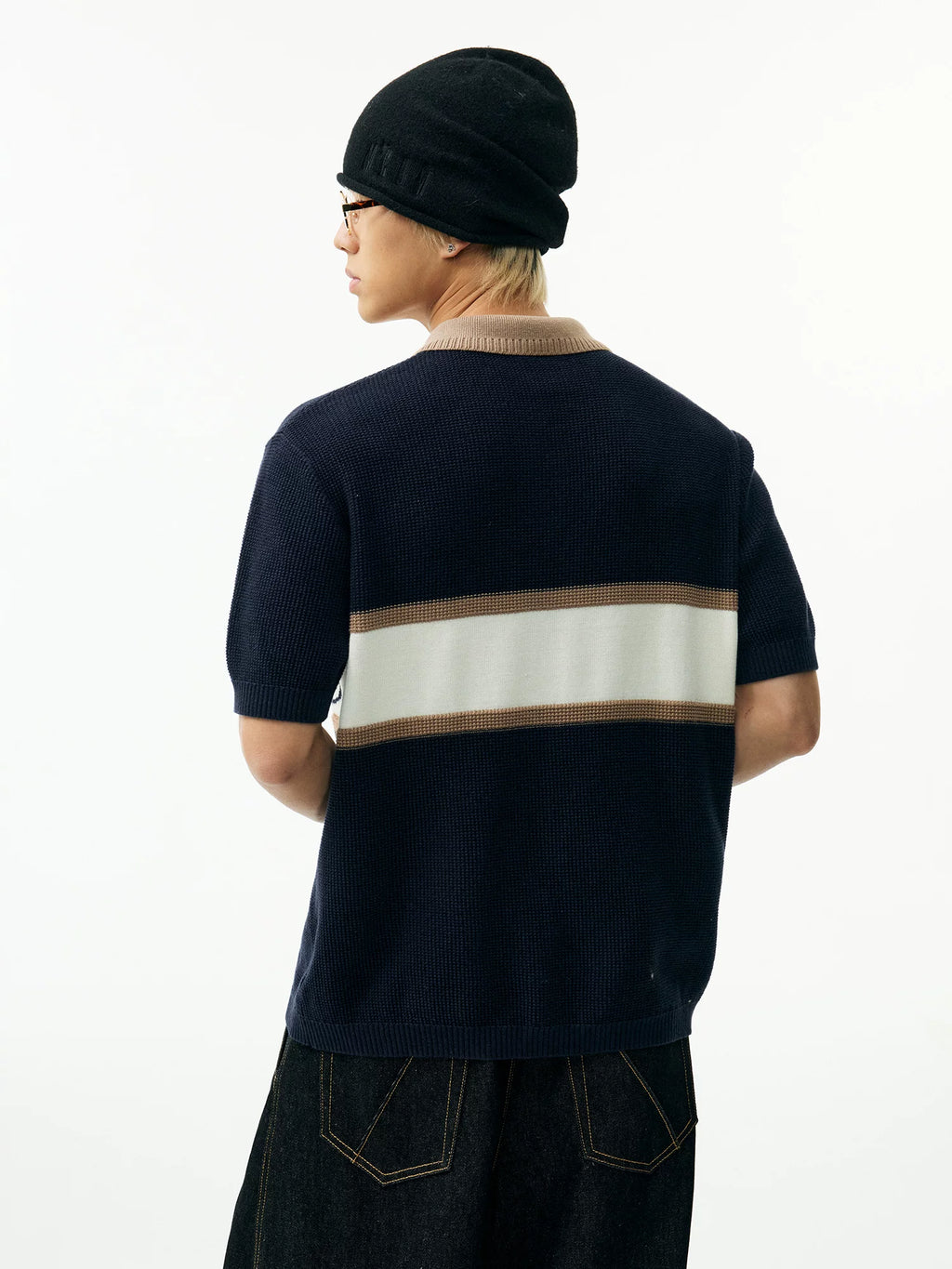 MEDM Contrasting Lapel Neck Zipper Knitted Polo Shirt