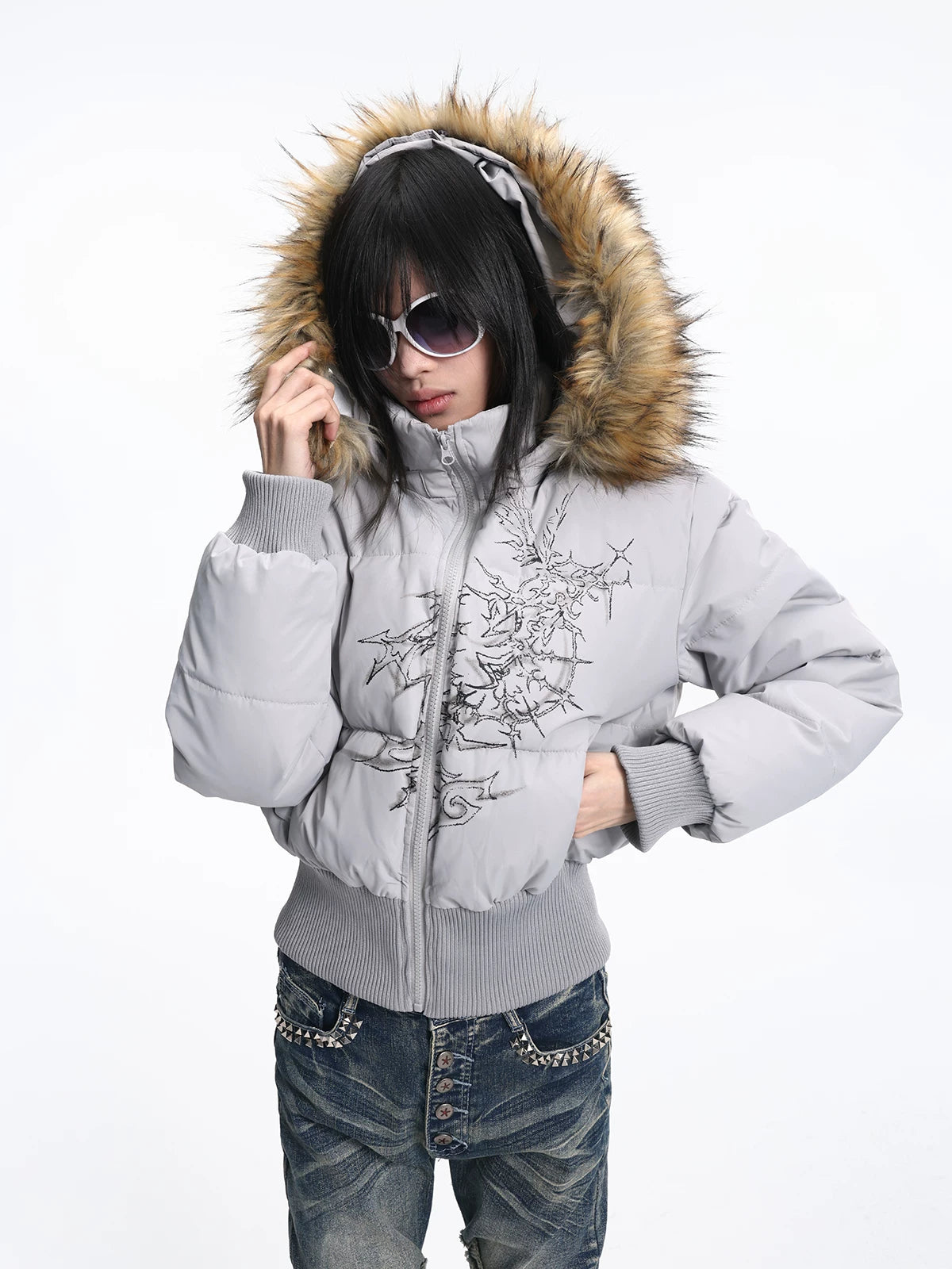 Lightinus Print Stand-up Collar Slim-fitting Cotton Jacket