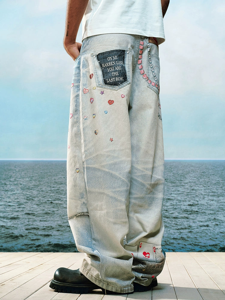 YADcrew Stream Sticker Print Pants Versatile Casual Jeans