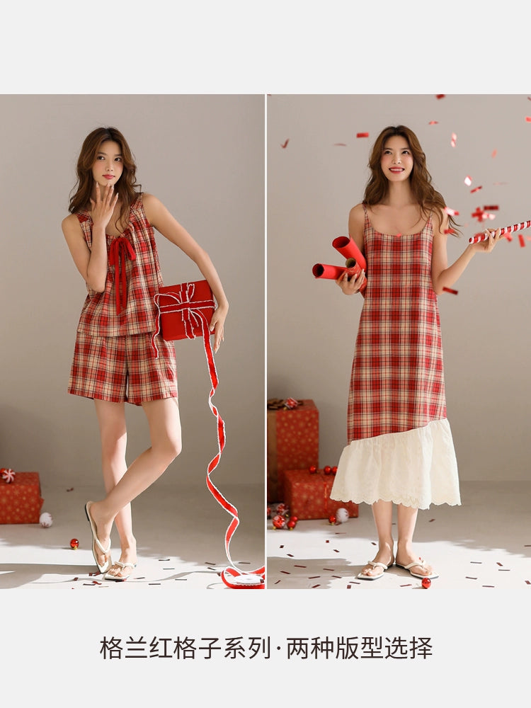 Yuenei Casual Plaid Nightdress with Chest Pad