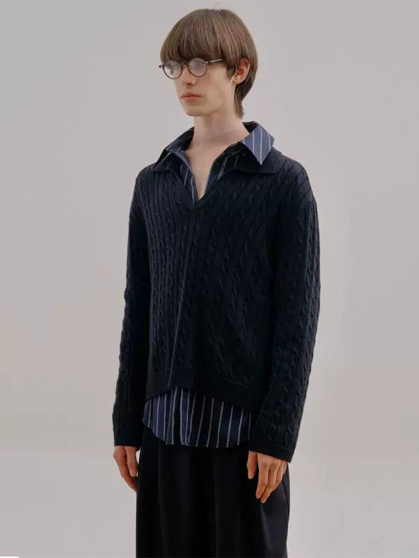 COLN Deep V Lapel Twist Knitted Sweater