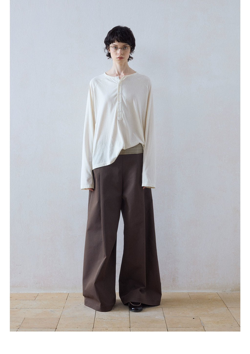 DIMC Checked Stitching Inner Pleated Wide-leg High-waisted Pants