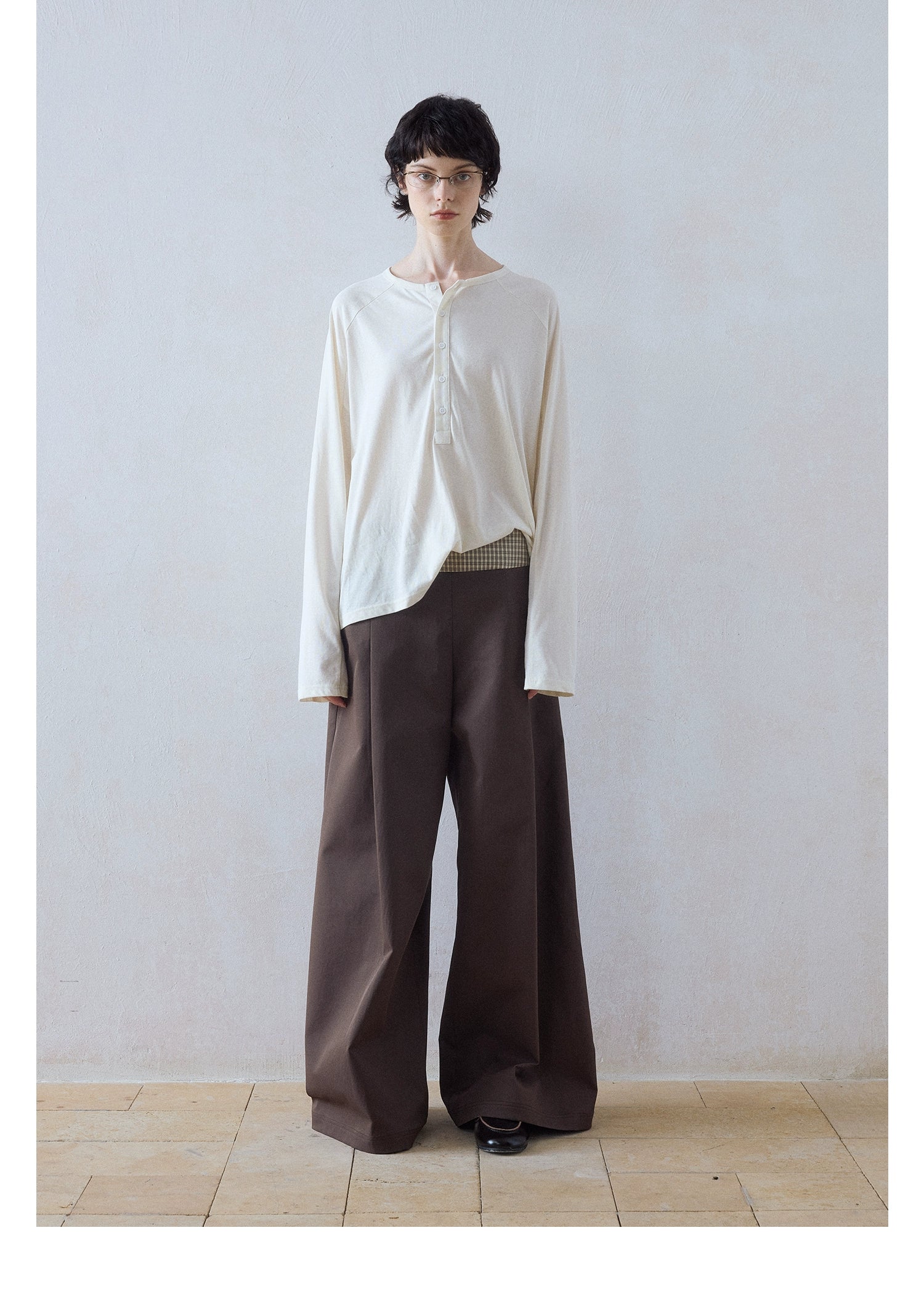 DIMC Checked Stitching Inner Pleated Wide-leg High-waisted Pants