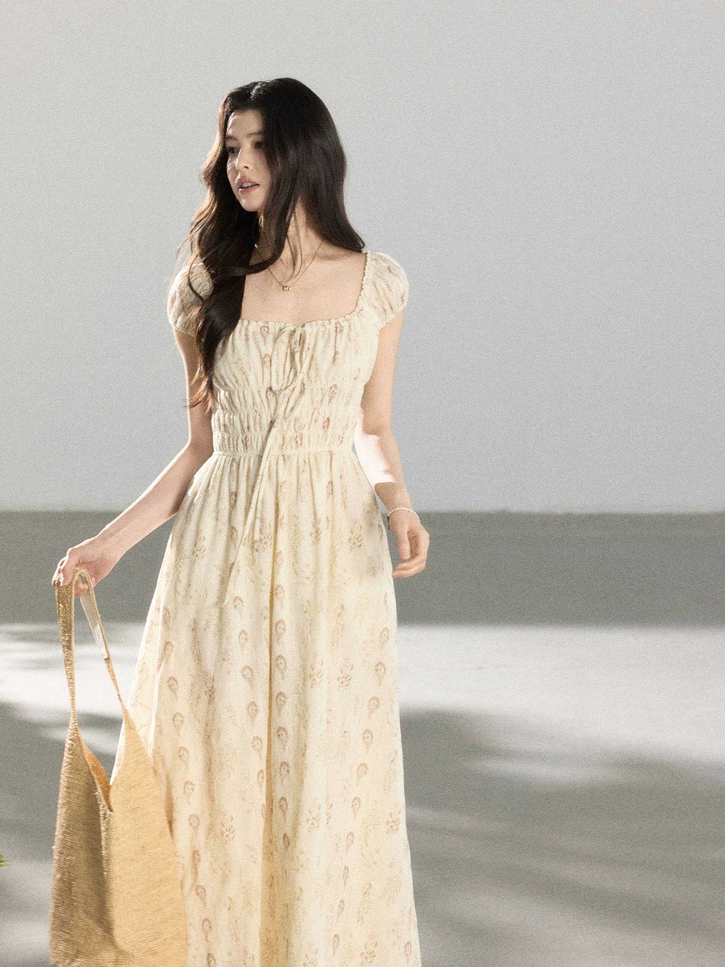 TYANG Retro Square Neck Drawstring Floral Dress