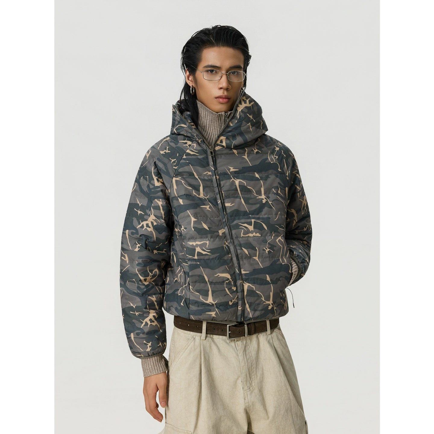 BTSG Vintage Slant Placket Camouflage Hooded Jacket
