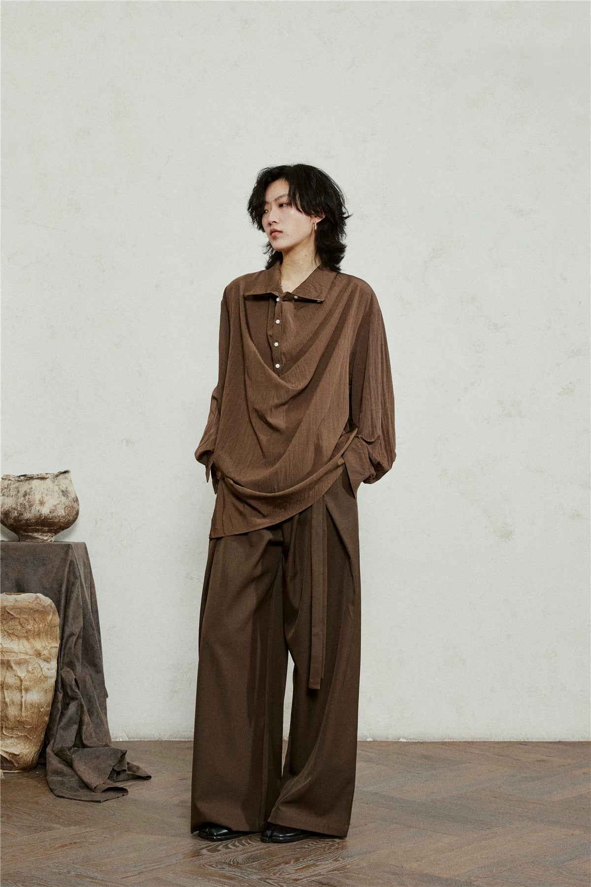 SUNYVONNE Minimalist Double Belt Wide-leg Suit Pants