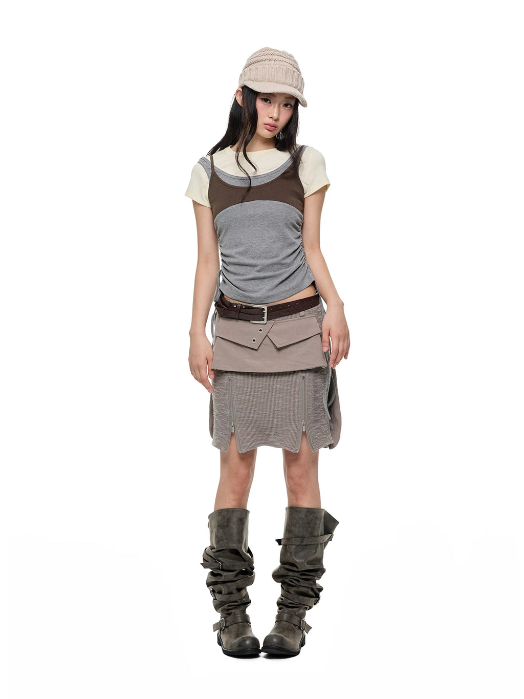 JIKOO Patchwork Textured Knit Pocket Skirt