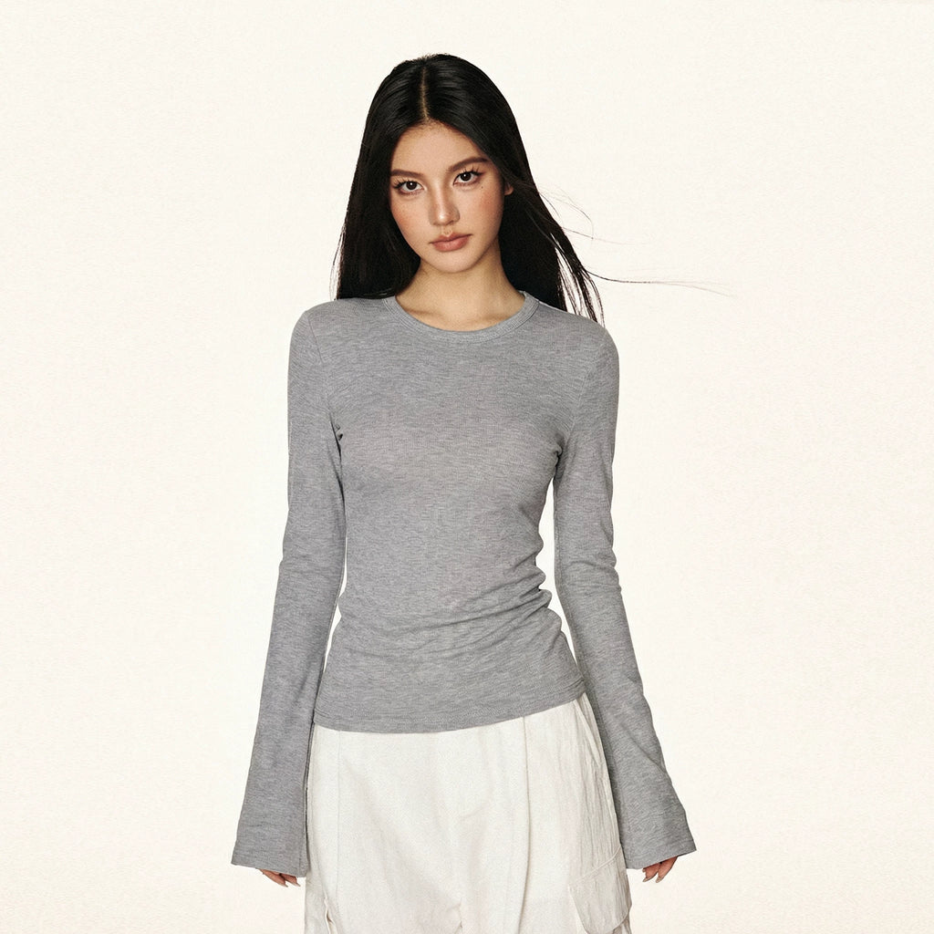 Cherry Melody Retro Tencel Horn Sleeve Slim Crew Neck Long Sleeve