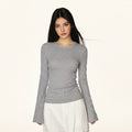 Cherry Melody Retro Tencel Horn Sleeve Slim Crew Neck Long Sleeve