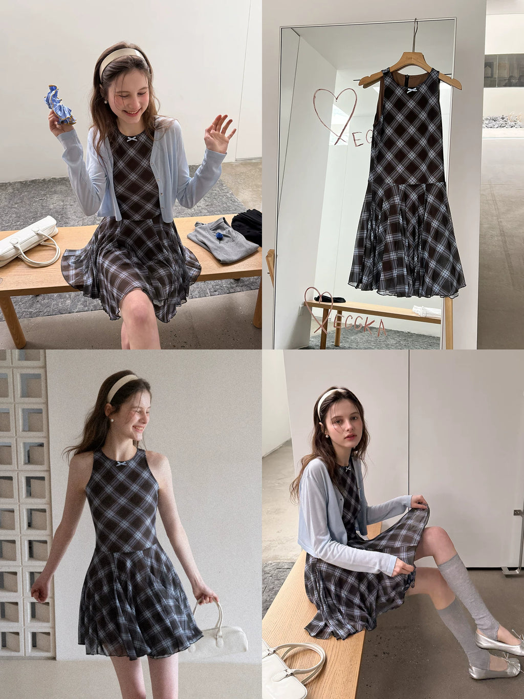 EGGKA Plaid Bow Vest Dress