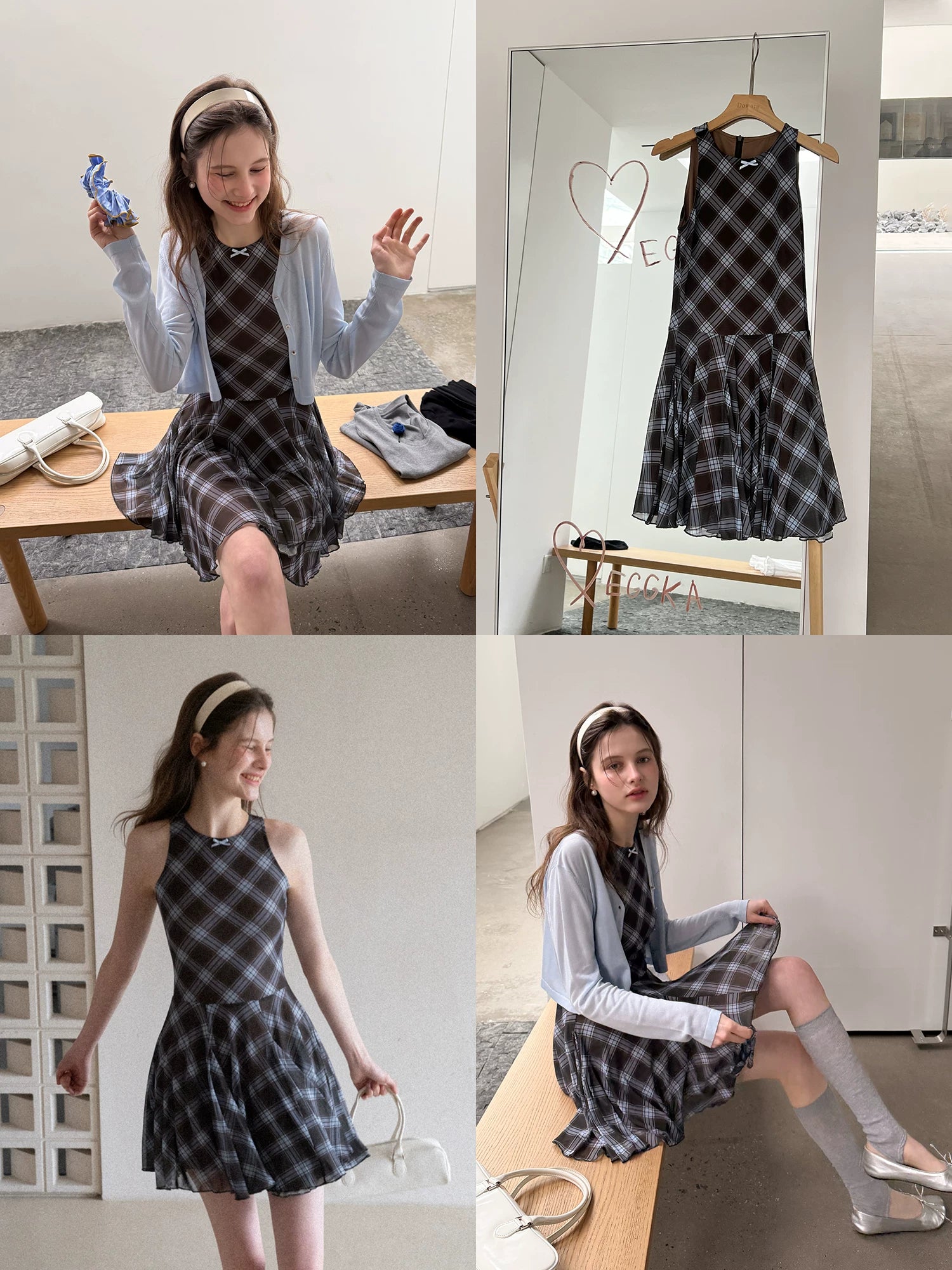EGGKA Plaid Bow Vest Dress