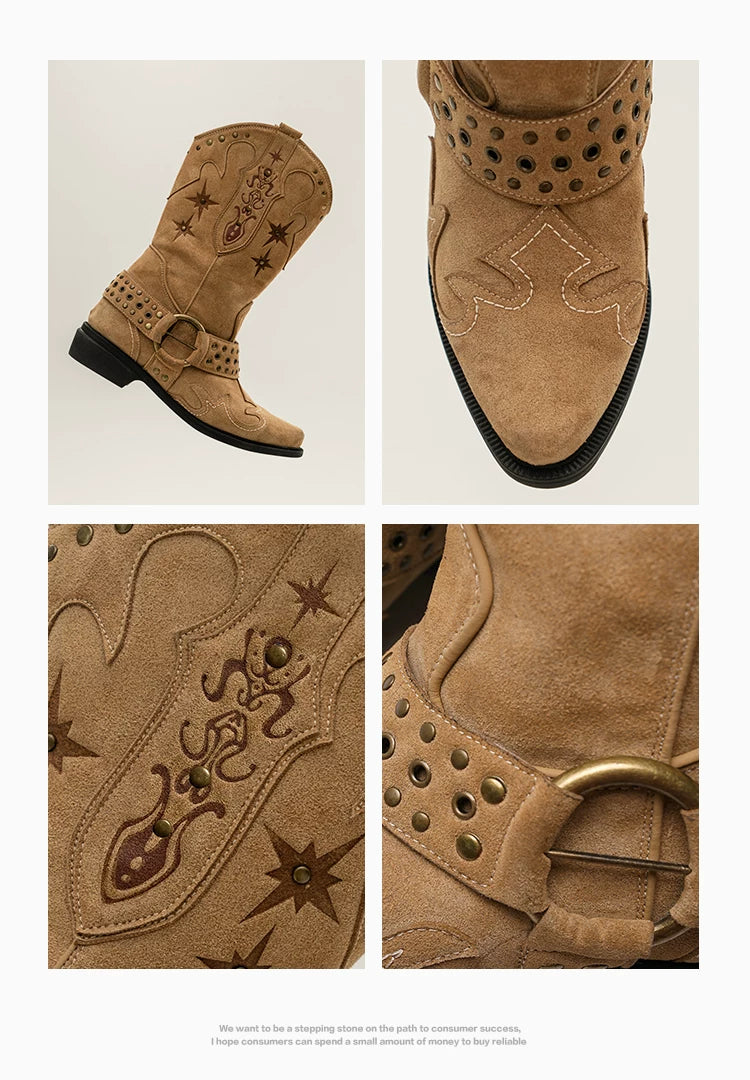 Donkey Vintage V-Mouth Pointed Embroidered Medium Boots