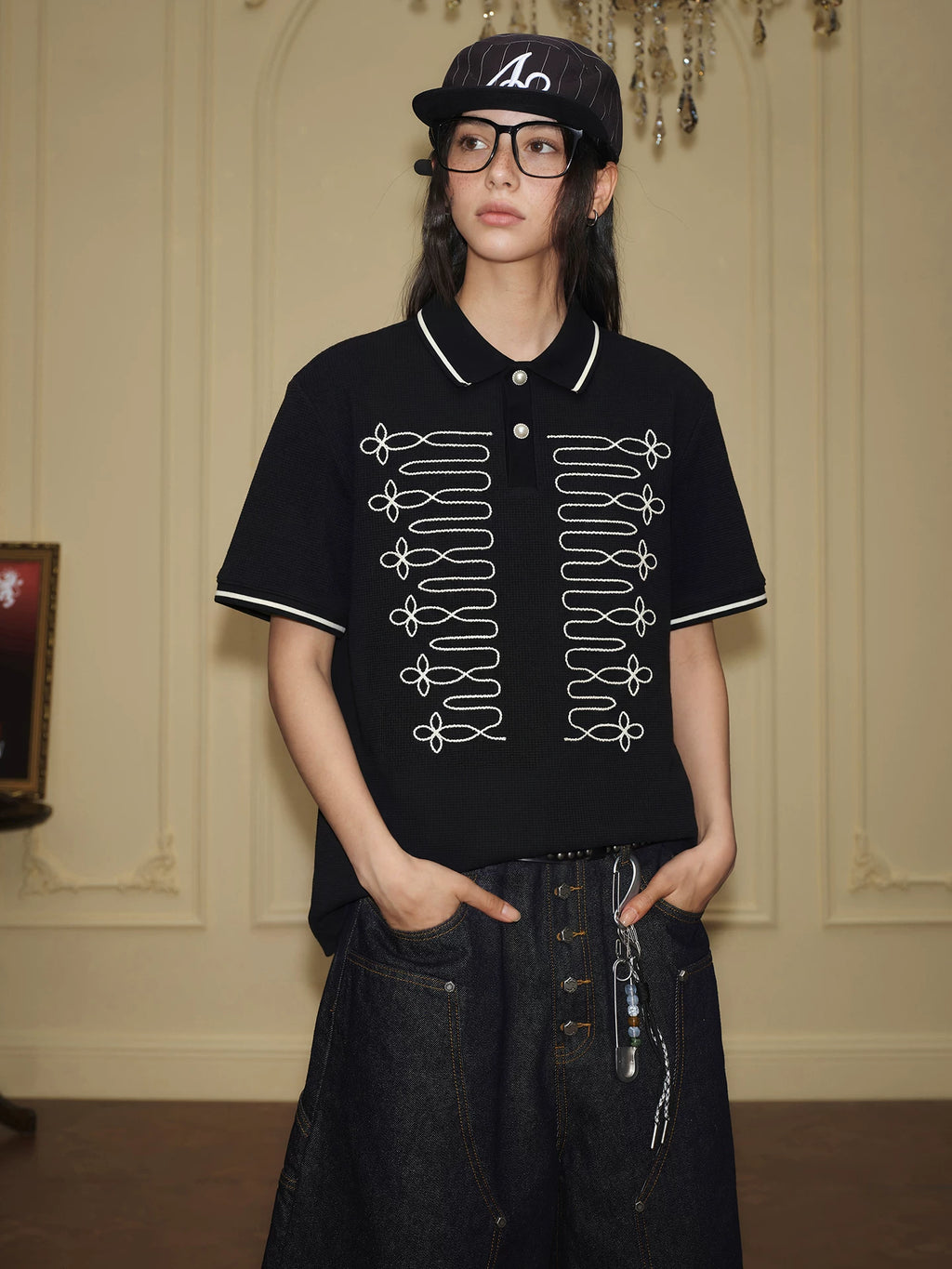 YADcrew Rope Embroidery Loose Lapel Tee