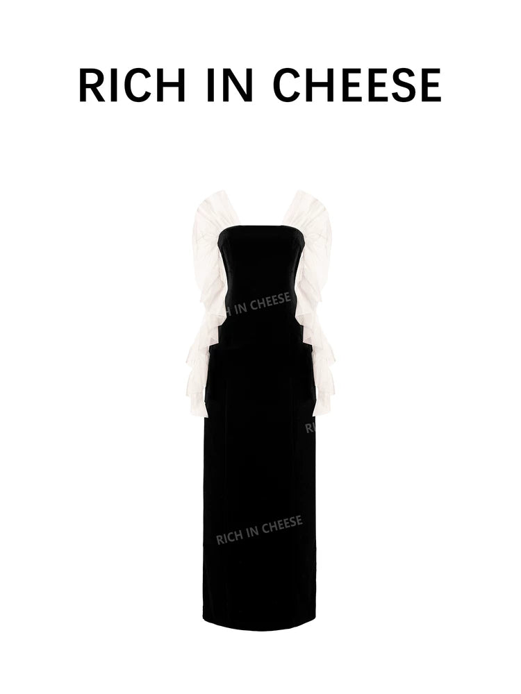 RICH IN CHEESE Pull-pleated Mesh Waist Dress