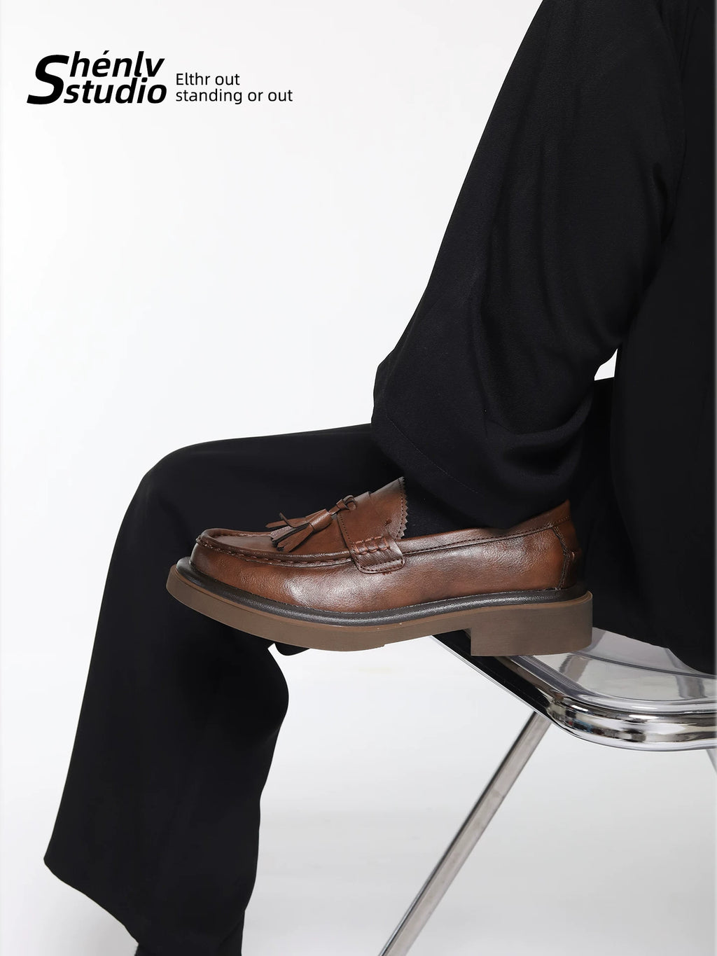 SHENLV STUDIO Fringed One-pedal Casual Thick-soled Heightening Leather Shoes