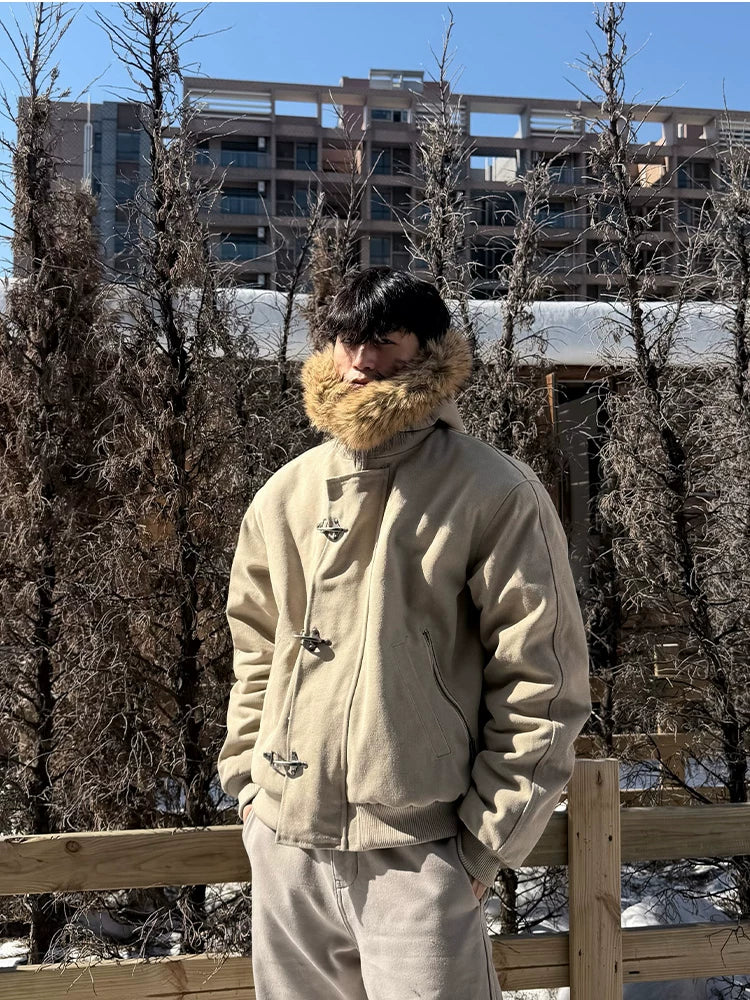 ZOZOFOREST Removable Fur Collar Plush Bead Canvas Seat Mountain Carving Jacket