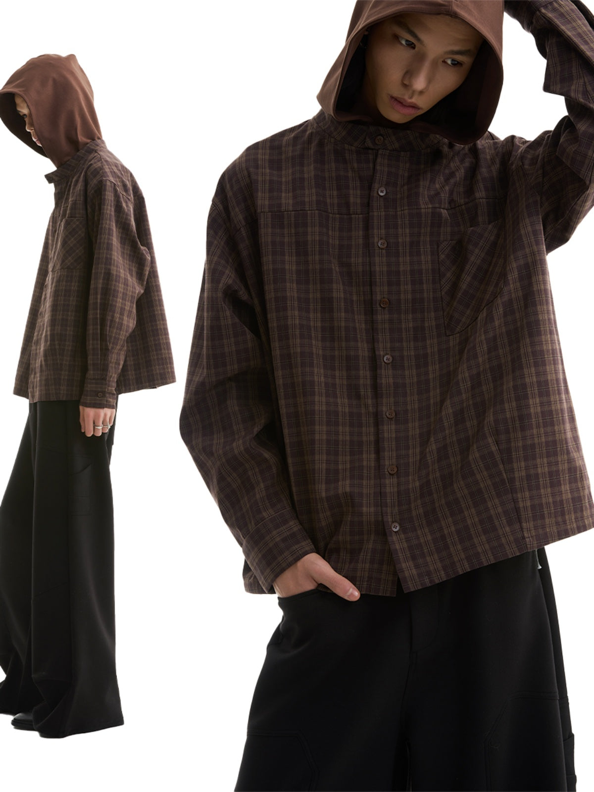 FUNKYFUN Plaid Fake Two-piece Hooded Shirt Jacket