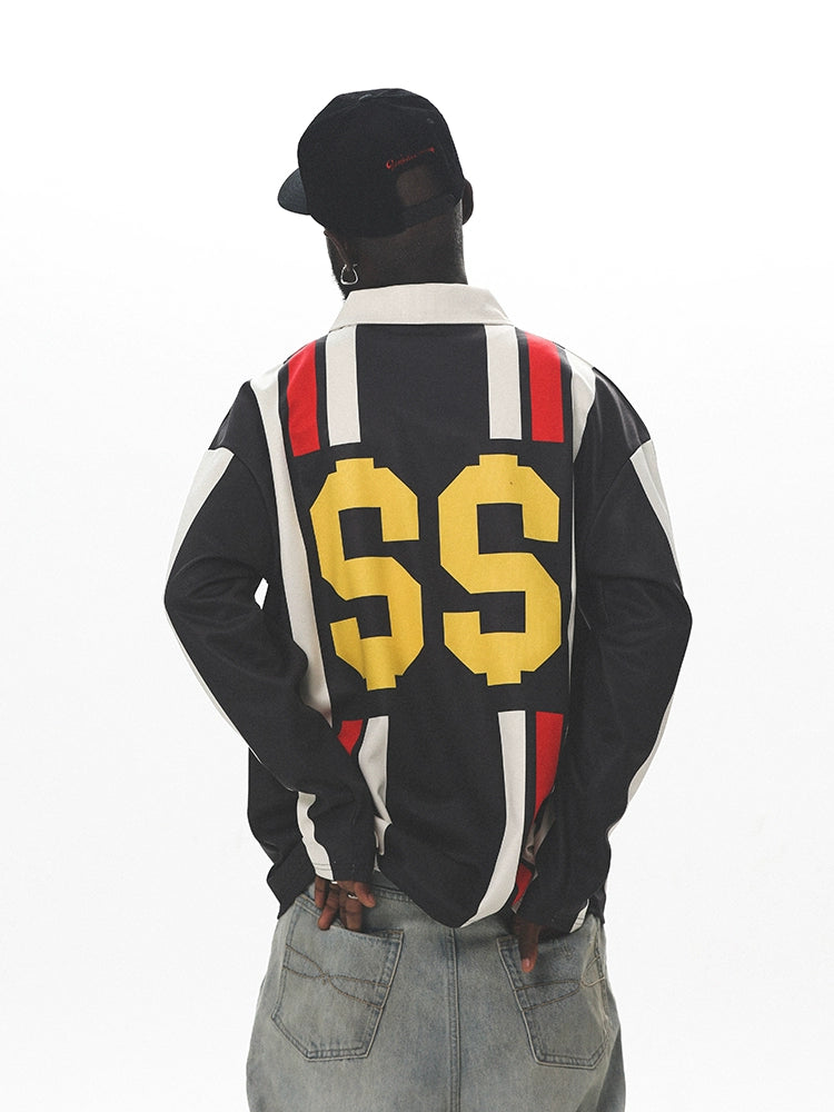 UNTILWERICH Vintage Sports Wind Contrast Color Splicing POLO Long Sleeve