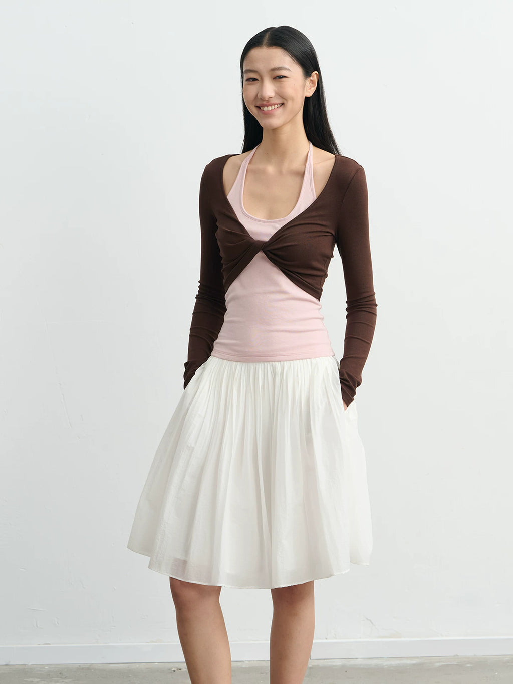LINY LIBERTY Contrast Color Neck Knot Fake Two-piece Long Sleeve