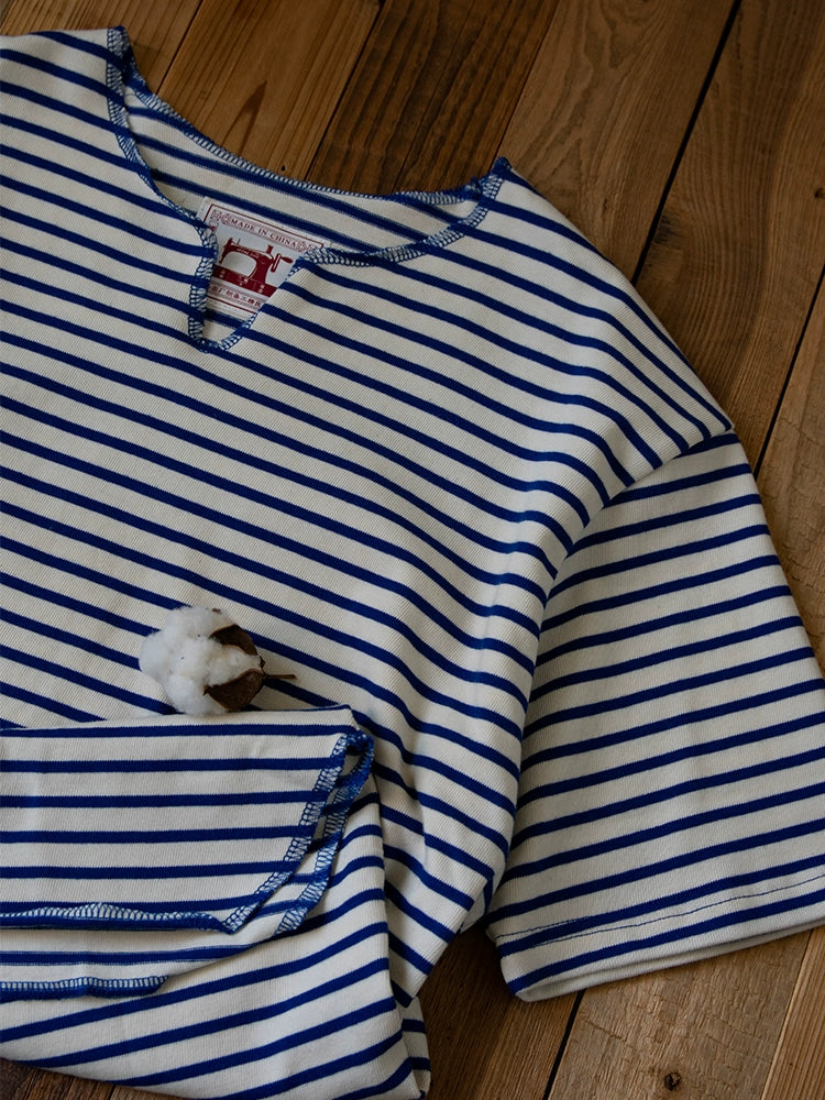 PrintAce Retro V-neck Blue and White Striped Tee