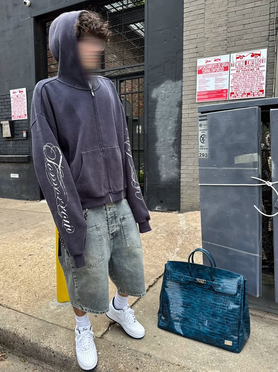 FTS Waffle Old Print Hooded Sweater Jacket