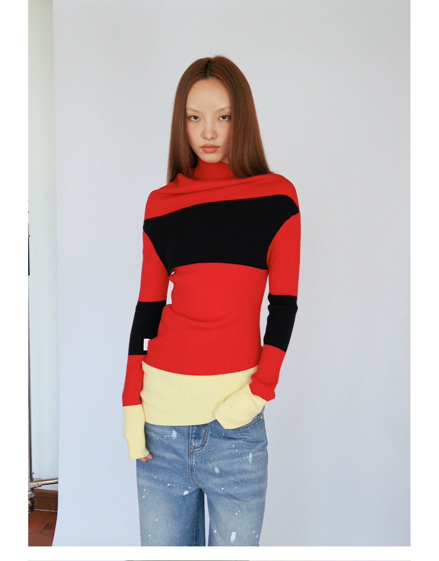 FUNKYFUN Contrasting Color Retro Spliced Slanted Shoulder Knitted Sweater