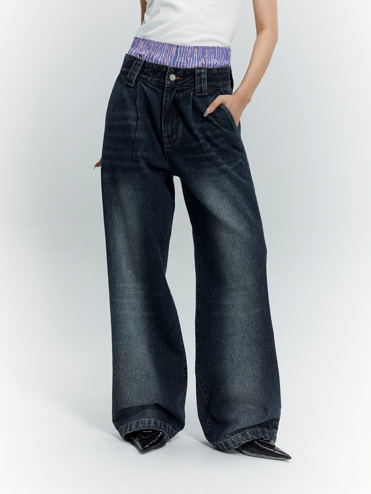 FUNKYFUN Pleated Design Trendy Washed Straight Jeans