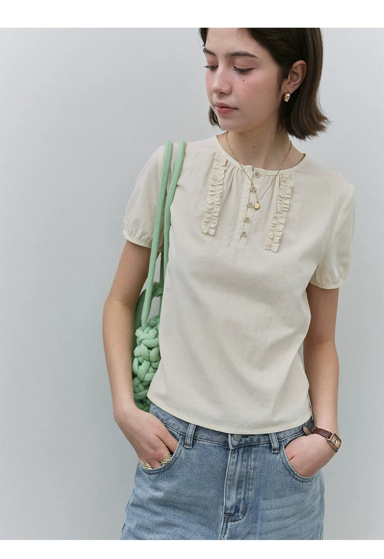 VOOE Fungus Edge Front Shoulder Crew Neck Casual Shirt