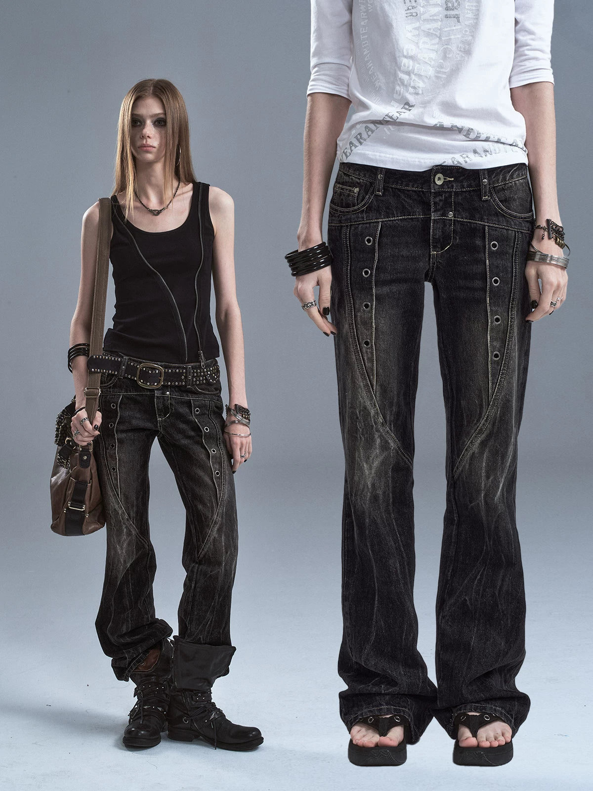 WearAndtear Rivet Lightning Pattern Slightly Pulled Low Waist Jeans