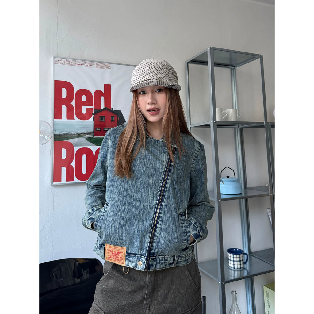 CCYE Retro Slanted Zipper Bamboo Denim Jacket