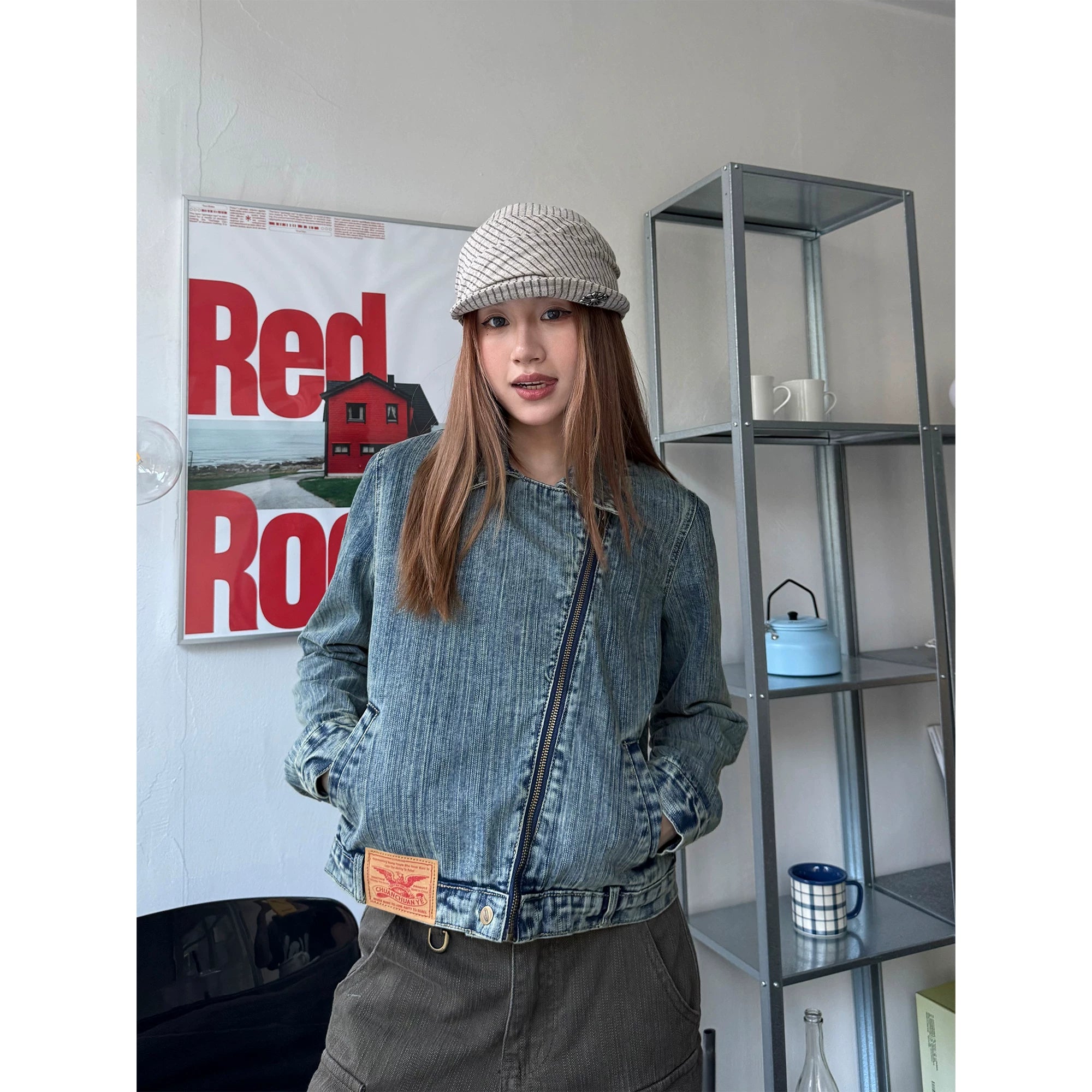 CCYE Retro Slanted Zipper Bamboo Denim Jacket
