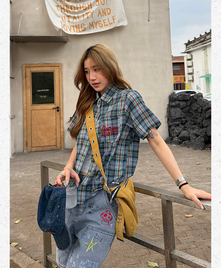 CCYE Embroidered Front Shoulder Loose Plaid Short-sleeved Shirt