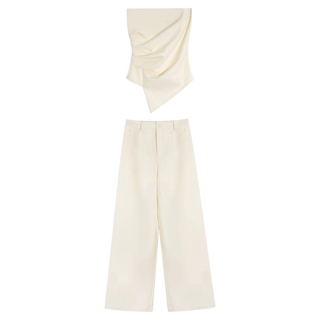 LLROGE Short Strapless Tube Top + High Waist Wide Leg Straight Casual Pants