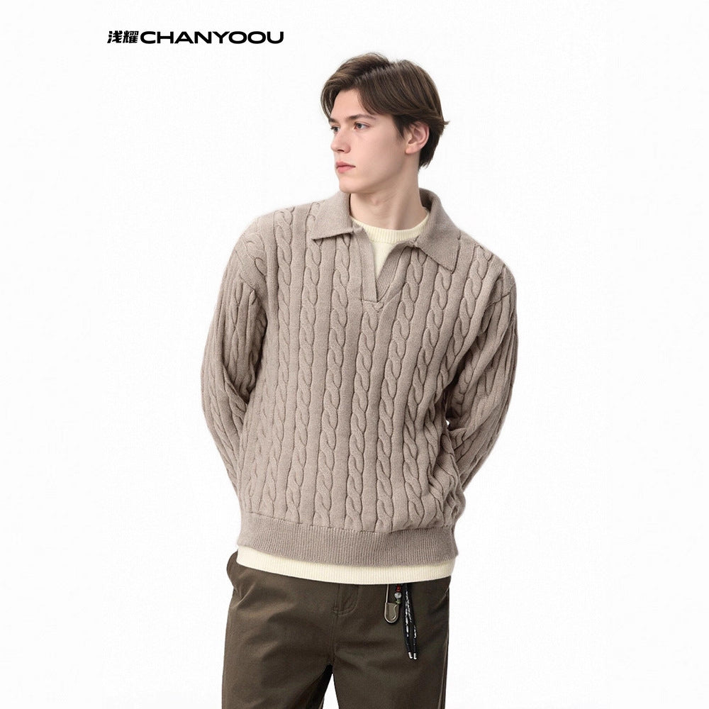 CHANYOOU Vintage Woven Twist Pattern Lapel Knitted Sweater