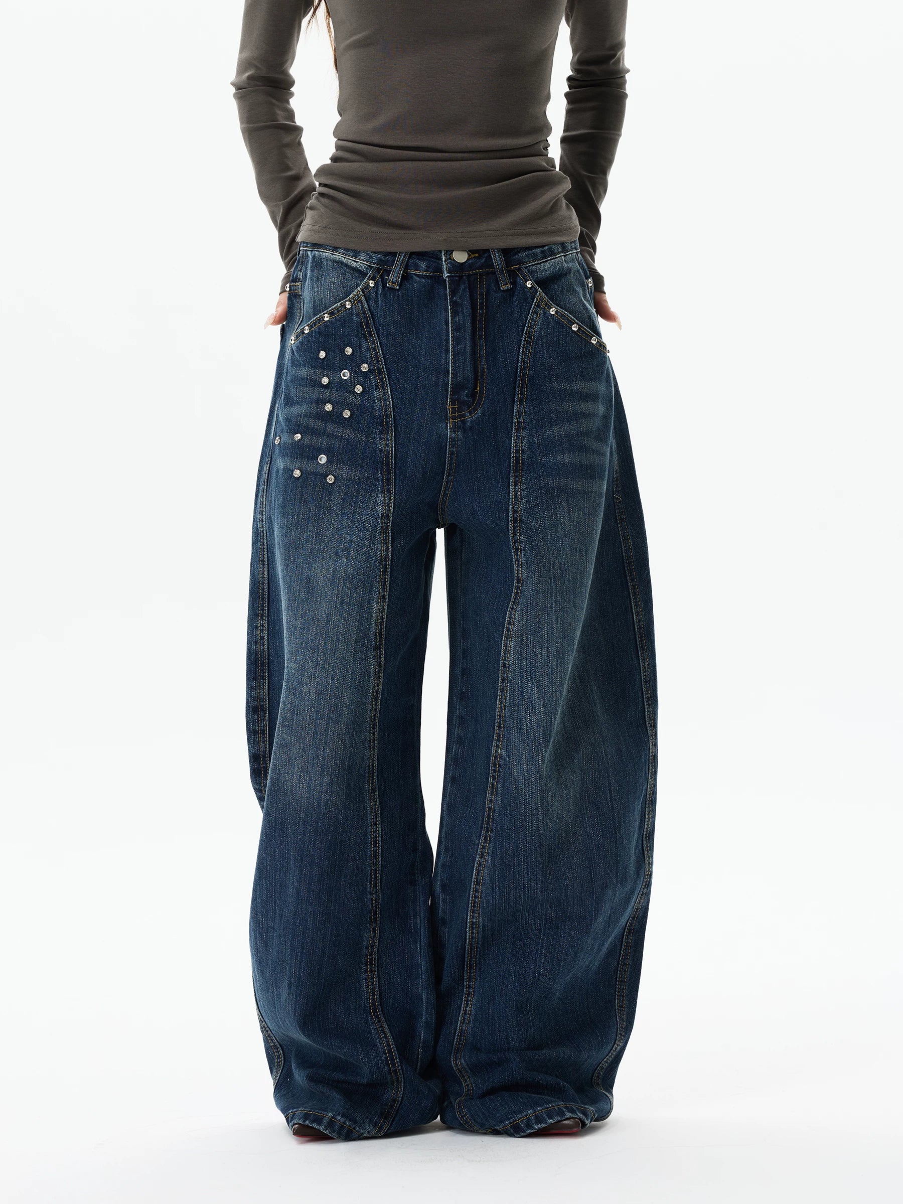 WLNEXT Vintage Wide Leg Loose Diamond Jeans