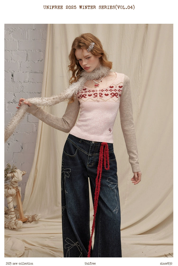 UNIFREE Cat Whisker Loose and Old Straight Jeans with Drill Splicing