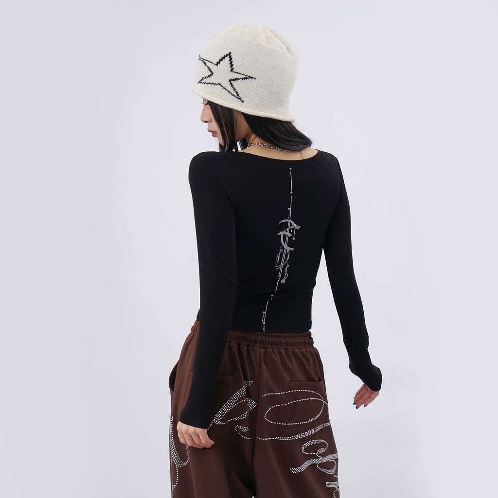 SAMUSAN Hot Diamond Letter V-Neck Slim Short Long Sleeve