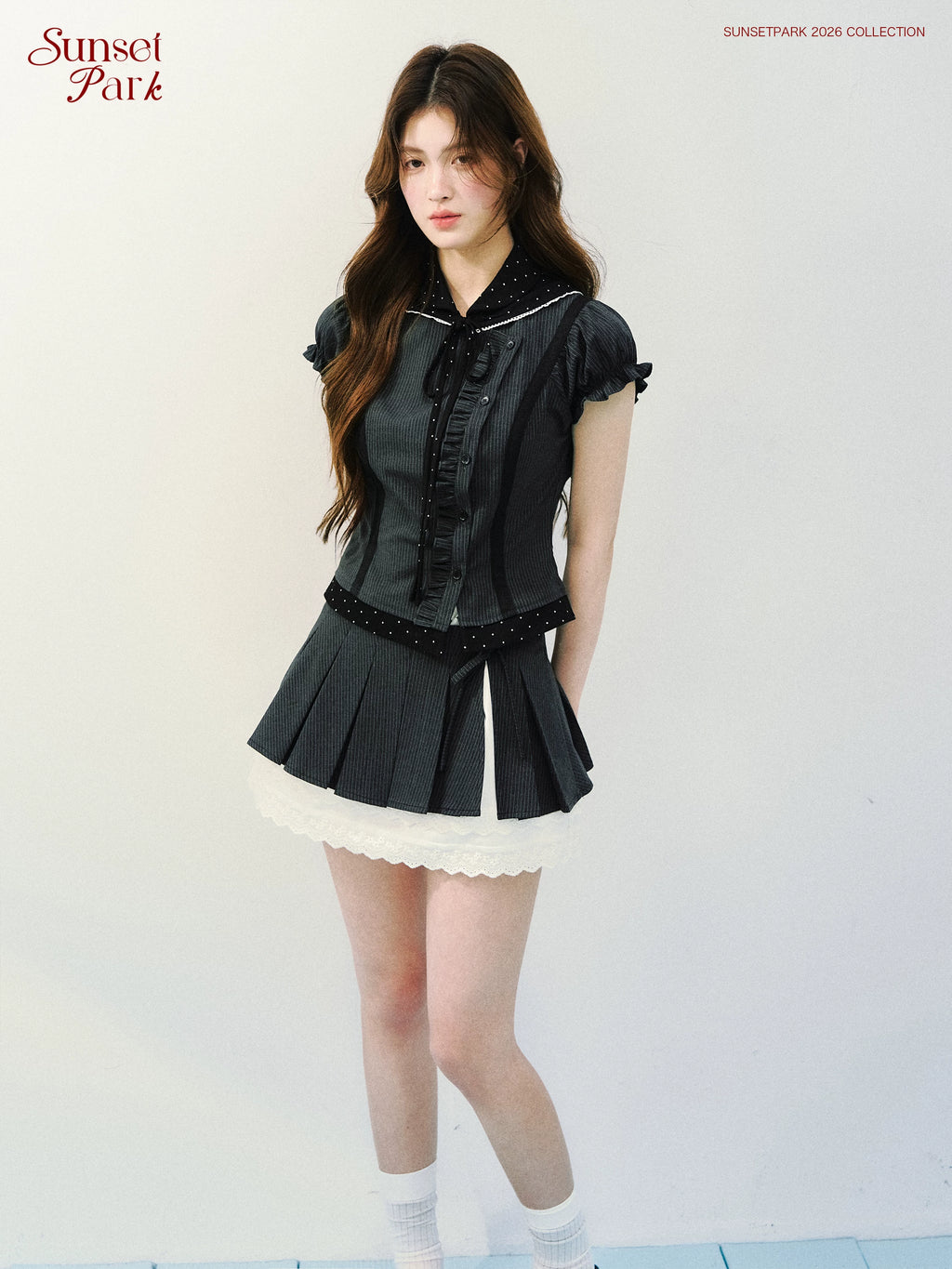 SunsetPark Striped Splicing Polka Dot Shirt Skirt Set