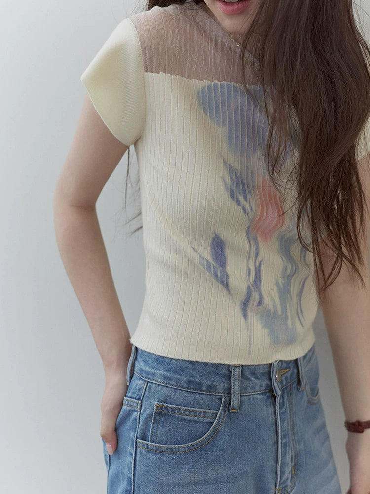 VOOE Irregular Splicing Printing Knitted Tee