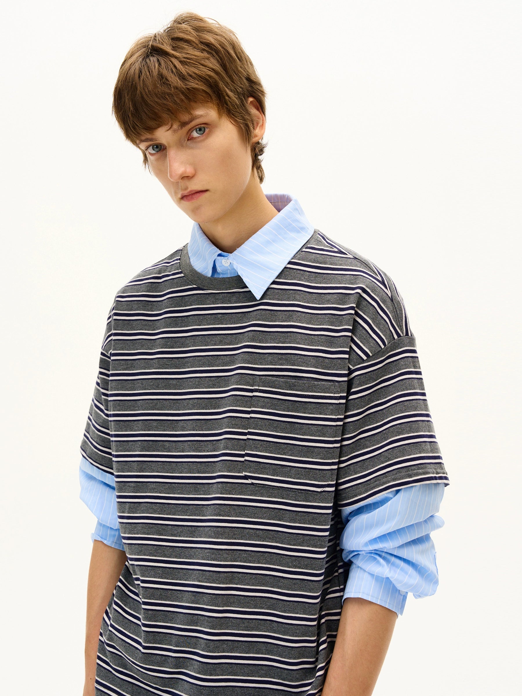 MADWITCH Fake Two-piece Splicing Striped Shirt Collar Long Sleeve