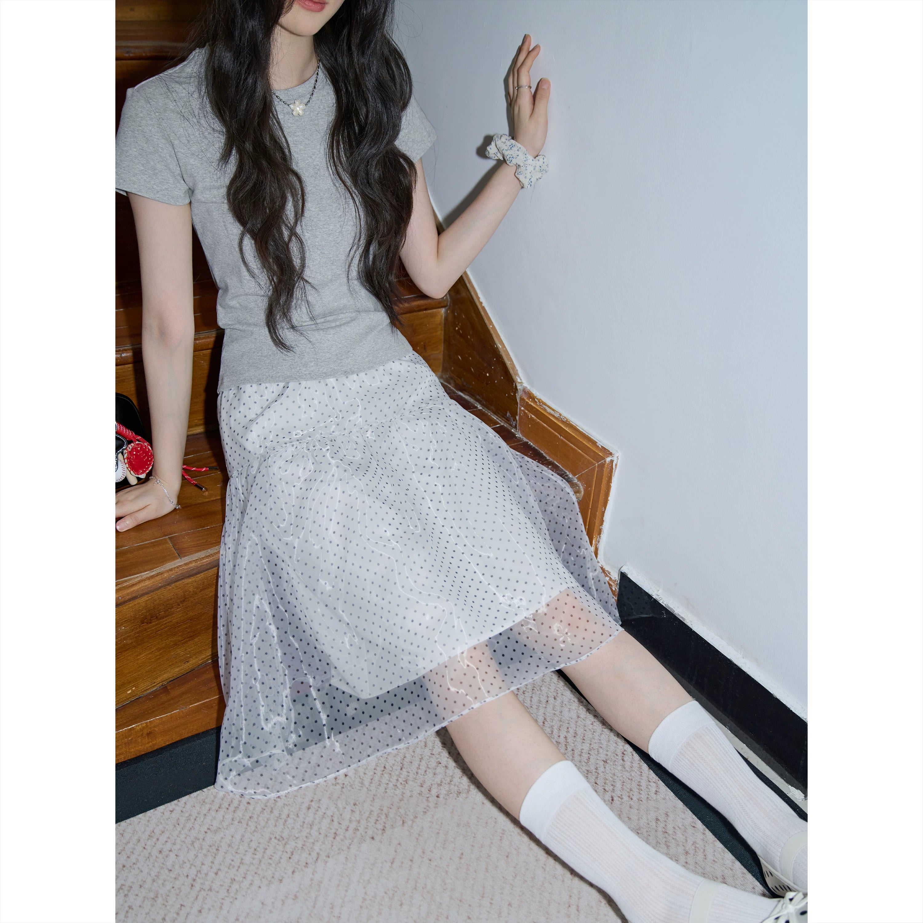 XUJING High-waisted Mesh Polka Dot Skirt