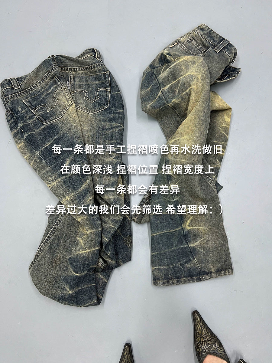 FUZZYKON Handmade Pleated Heavy Industry Nostalgic Slightly Pulled Jeans