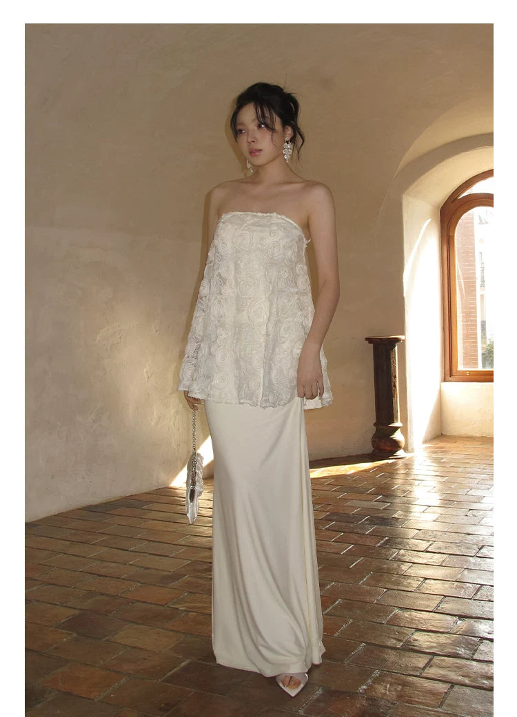 J TheChosen Embroidered Floral Sequin Tube Top Fishtail Skirt Tulle Set