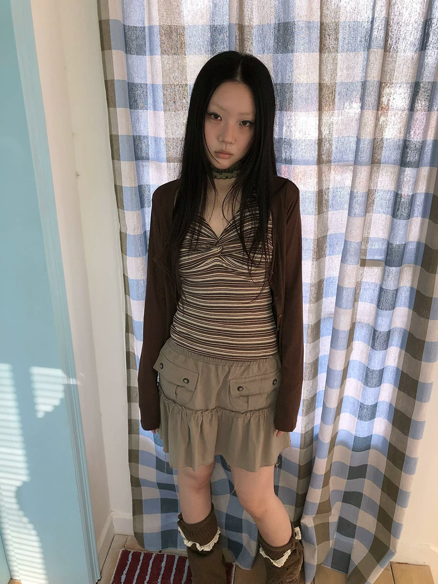Ang: Project Striped Strap Neck Vest Long Sleeve Two-piece Set