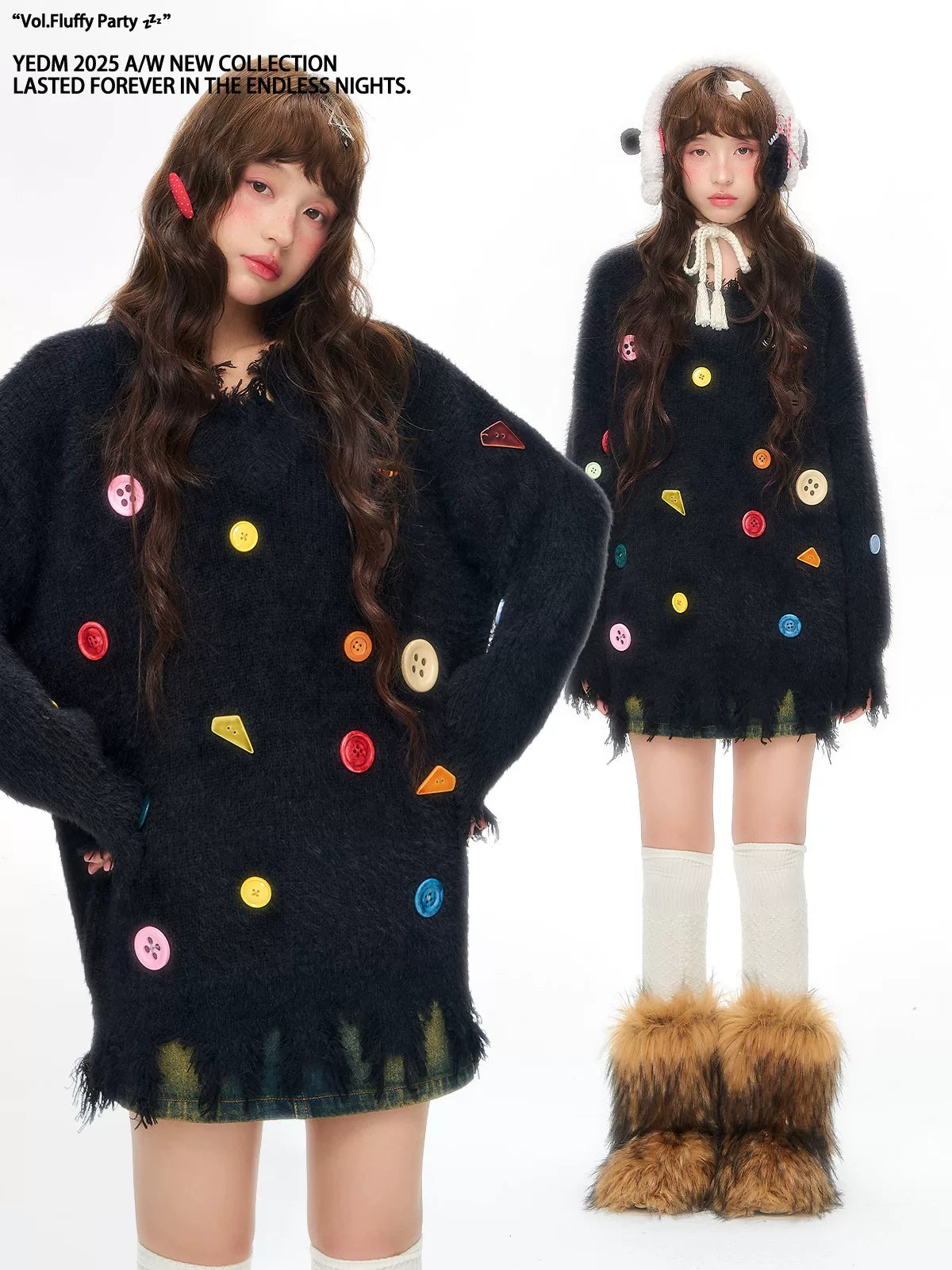 YEDM V-neck Colorful Button-up Sweater