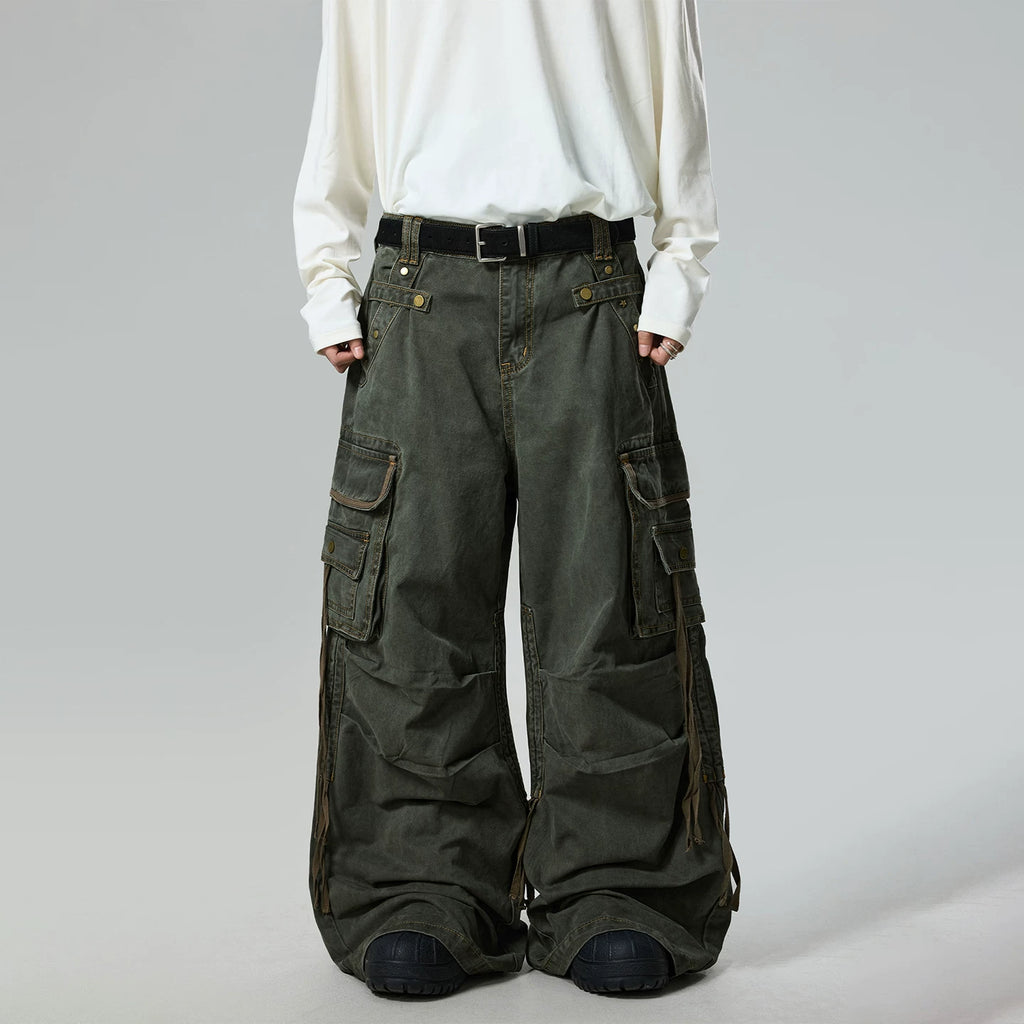BTSG Blockbuster Wash Design Multi-Pocket Wide Leg Pants