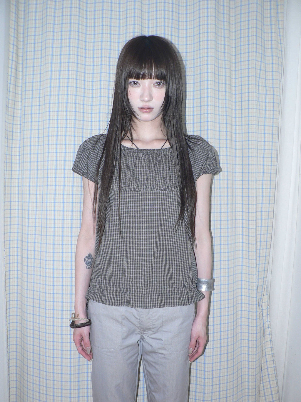 ANG: Project Retro Plaid Bubble Sleeve Waist Short Shirt
